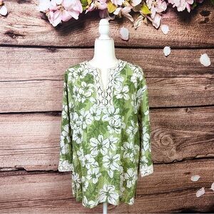 Cathy Daniels Women’s Rayon White Green Floral Embroidered V-Neck Blouse